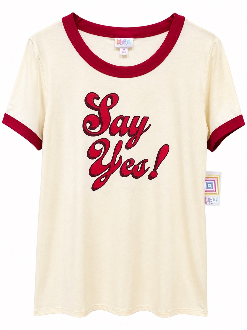 LuLaRoe Classic T Say Yes Graphic Ringer Tee Cream Red Size M NWT